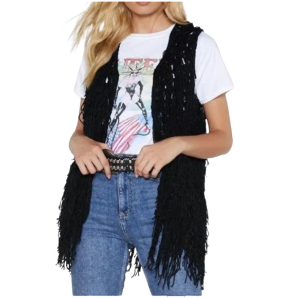 PqLA Clothing Flounder Y2K Crochet Fringe Cardigan Vest Women L Black Whimsigoth - Picture 2 of 7